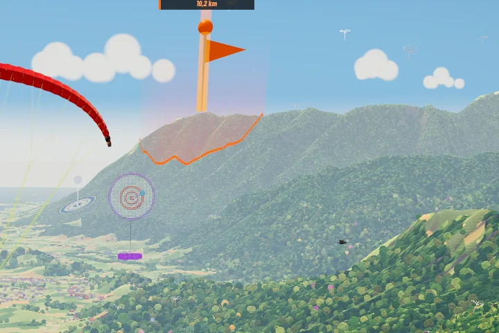 Cúmulos sobre la sierra y la bandera de la baliza Falso Cume, en una pantalla del juego.