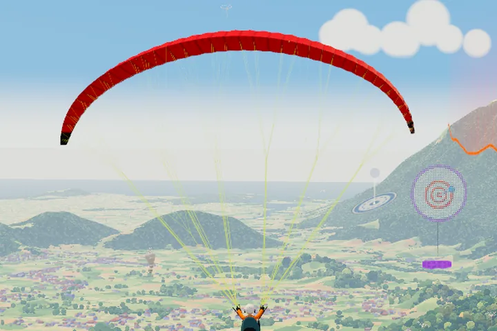 La vela y el piloto vistos desde atrás, sobre el valle, en una pantalla del juego.